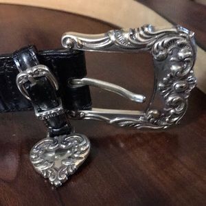 Brighton Black Leather Belt w Silver Floral Buckle